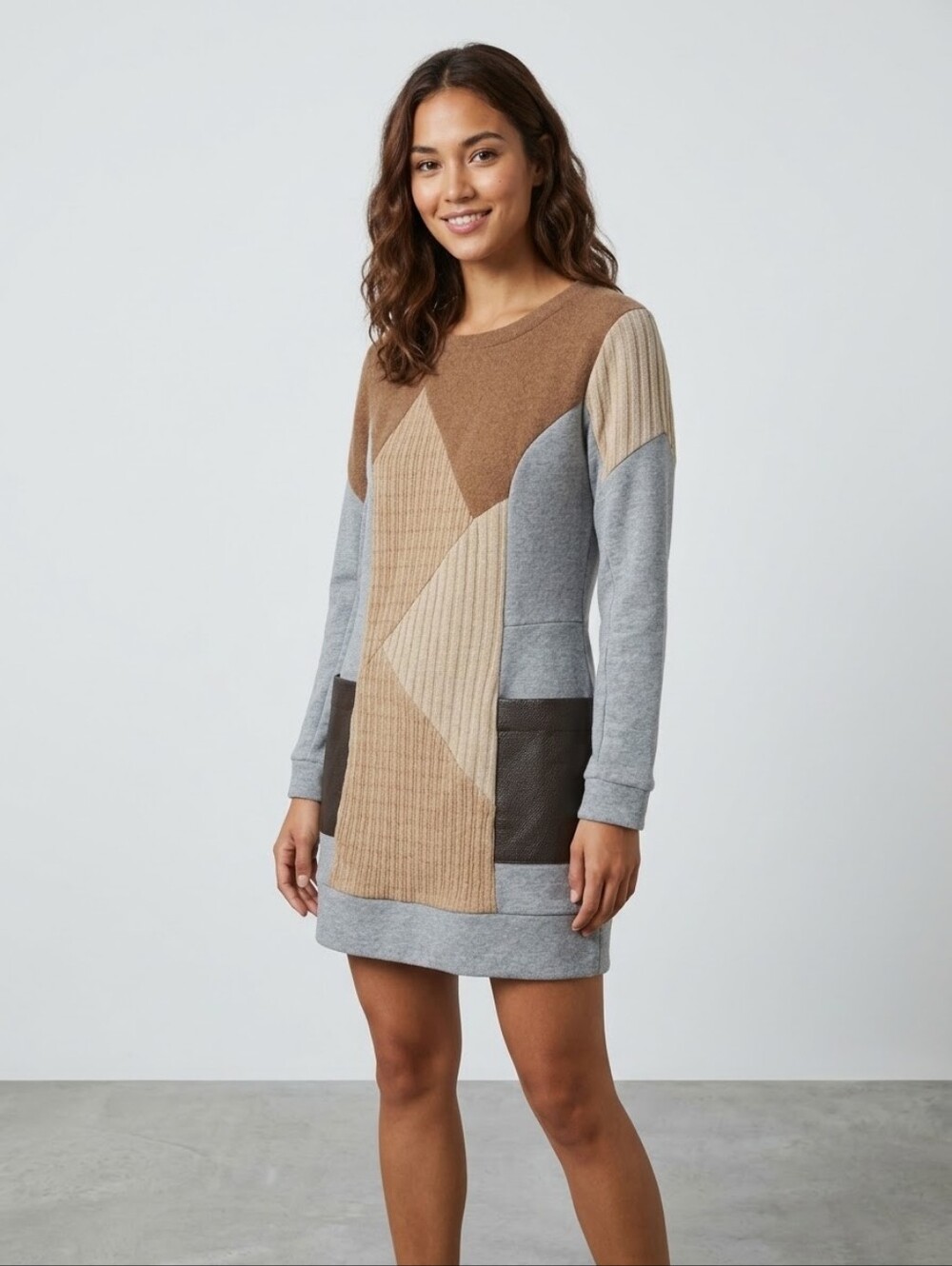 Colorblock Knit Mini Dress in Brown and Gray By Canadian Brand Preloved